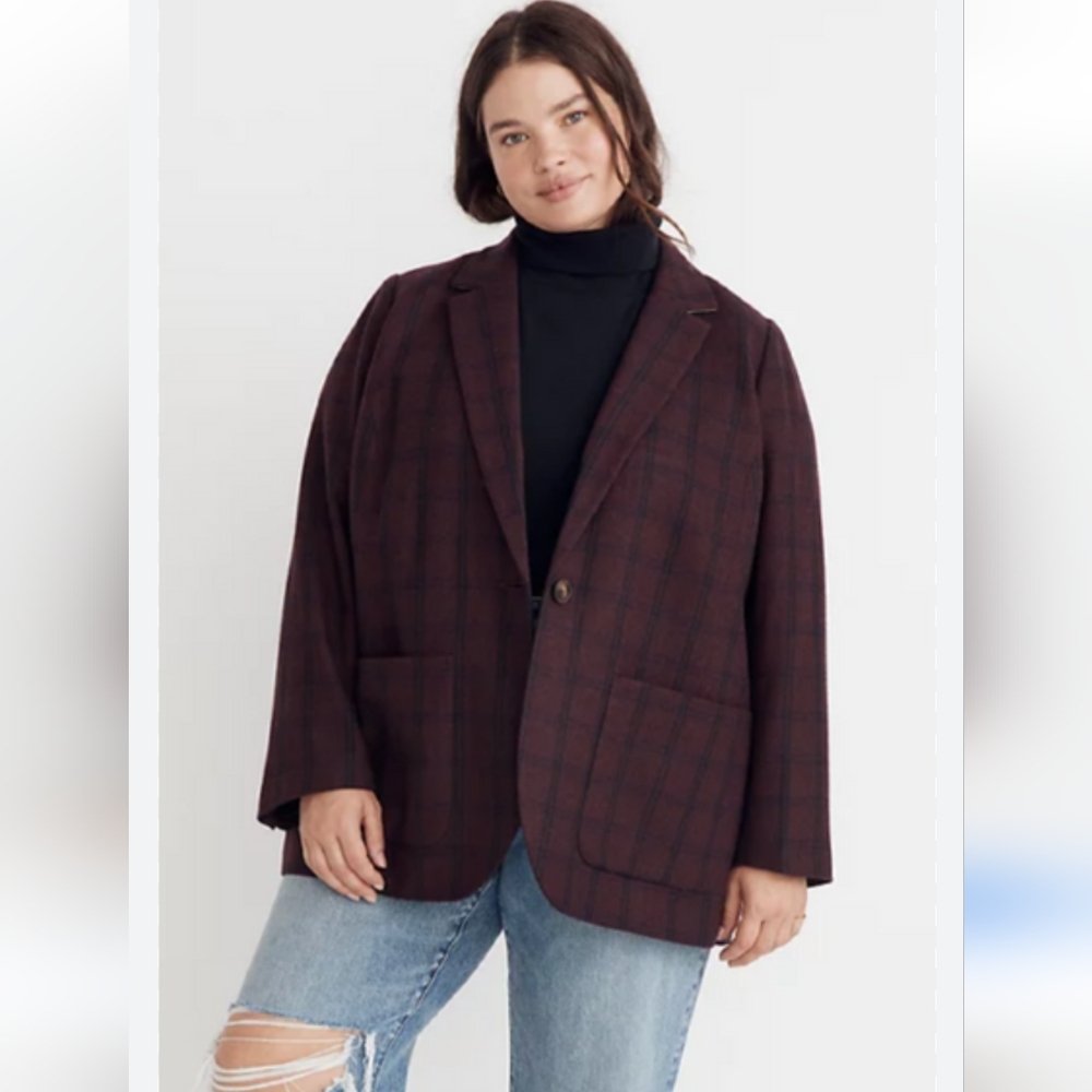 NWT! Madewell Larsen blazer in burgundy windowpane plus size 1X wool $185